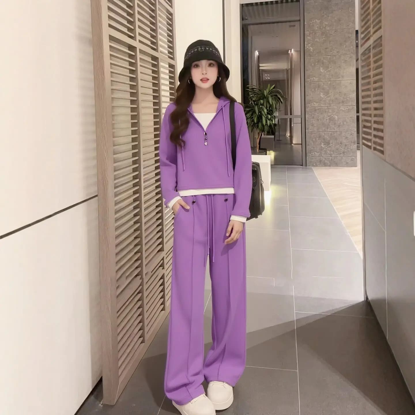 Loose Faux Two-Piece Hoodie Set Purple Women's High-End Anti-Aging Sports Pants Wide Leg Pants Spring Autumn New Style