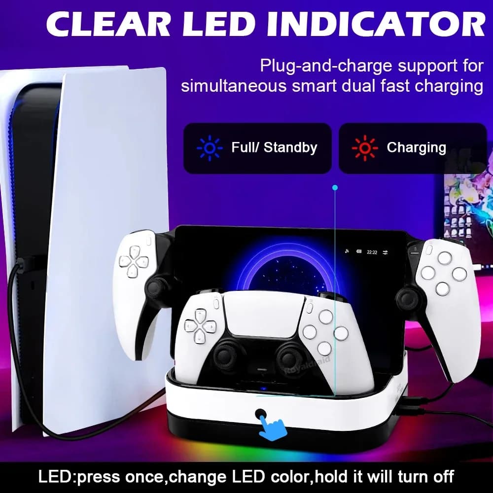 Supporto di Ricarica per Controller PS5 con Indicatore LED e Luce RGB, Doppia Base di Ricarica per Controller PS5 e Accessori per Giochi PS Portal
