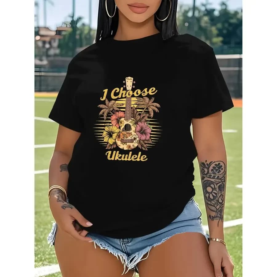 Abbigliamento da donna T-shirt con stampa di fiori di ibisco hawaiano e ukulele - Slogan 'I Choose the Ukulele' Ghirlanda hawaiana e chitarra