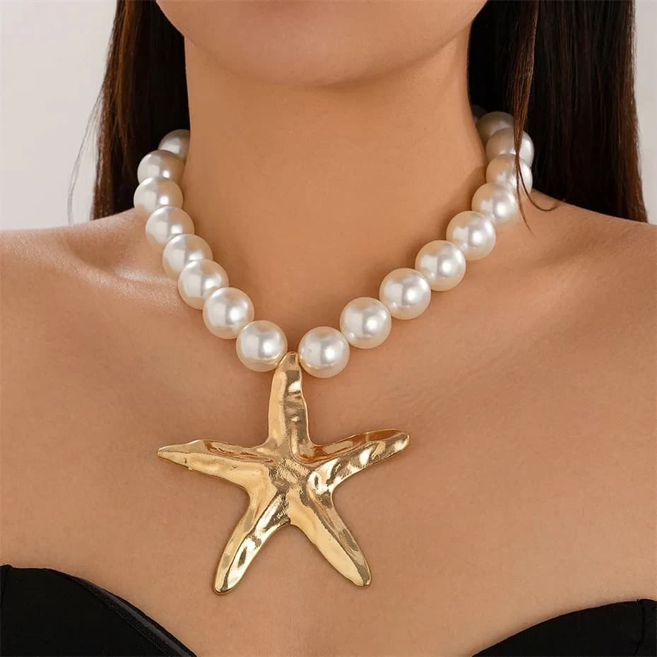 Ingemark Exaggerated Punk Big Starfish Pendant Choker Necklace for Women Boho Imitation Pearl Chain Grunge Jewelry Steampunk New