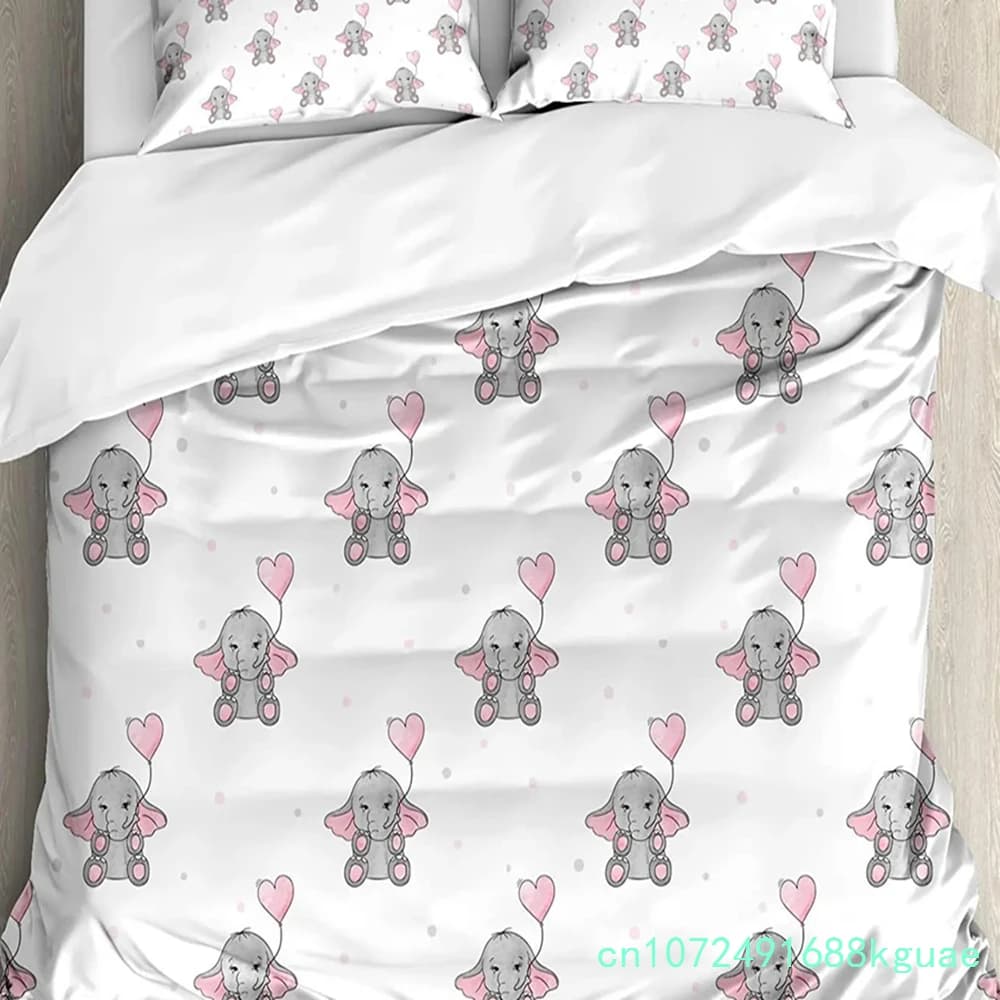 Elephant Nursery Decor Bedding Set For Bedroom Bed Home Cute Elephants Holding Heart Shape Duvet Cover Quilt Cover Pillowcase