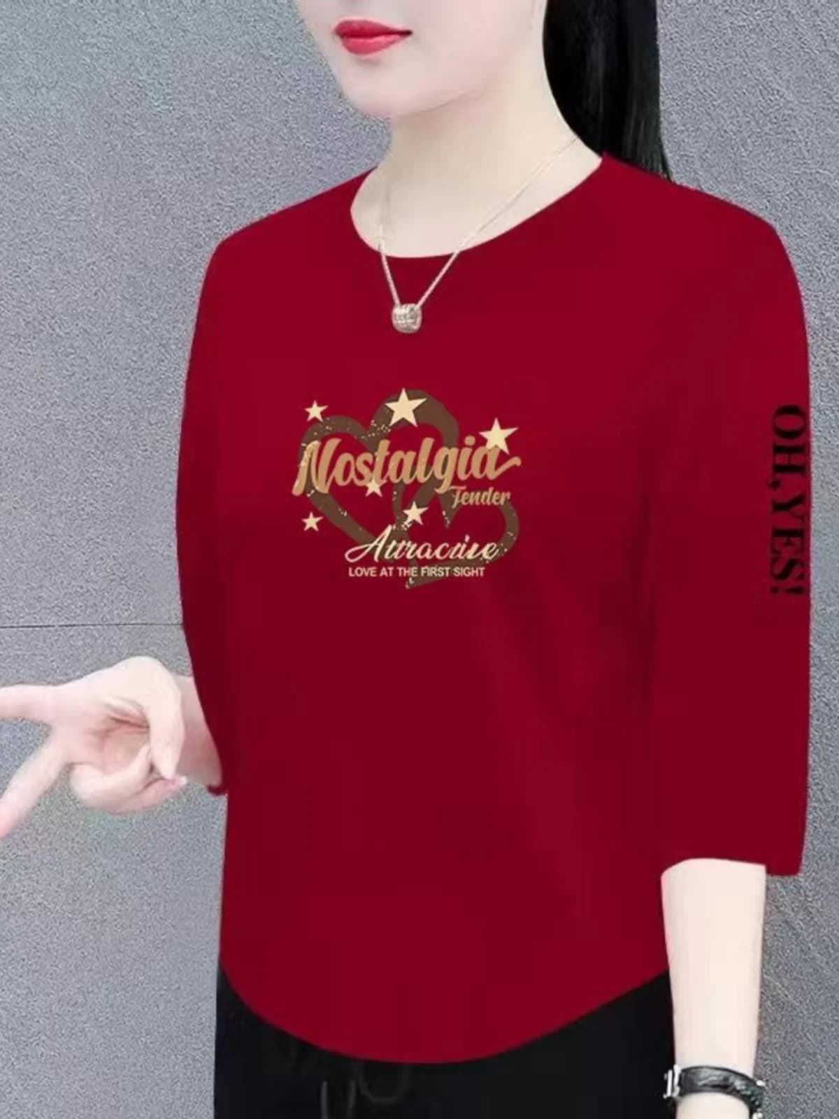 T-shirt da donna in 100% puro cotone rosso, manica 7/8, nuovo stile primavera estate, orlo a arco, maglietta base snellente che copre la pancia