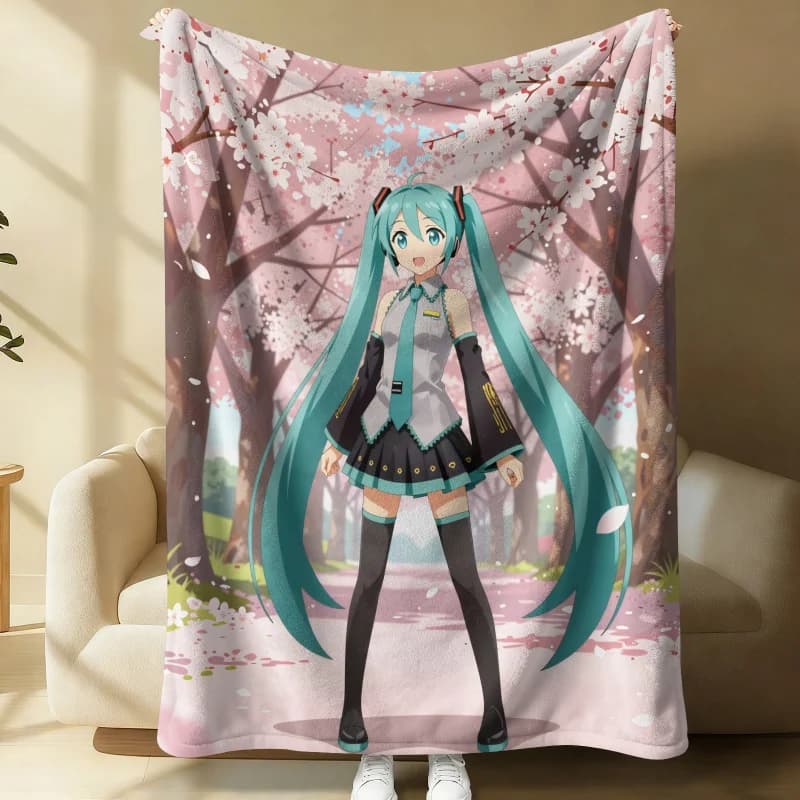 Coperta in Flanella Hatsune Miku con Motivo Fiori di Ciliegio, Regalo per Fan di Anime, Coperta Morbida Estiva per Divano, Letto e Viaggio