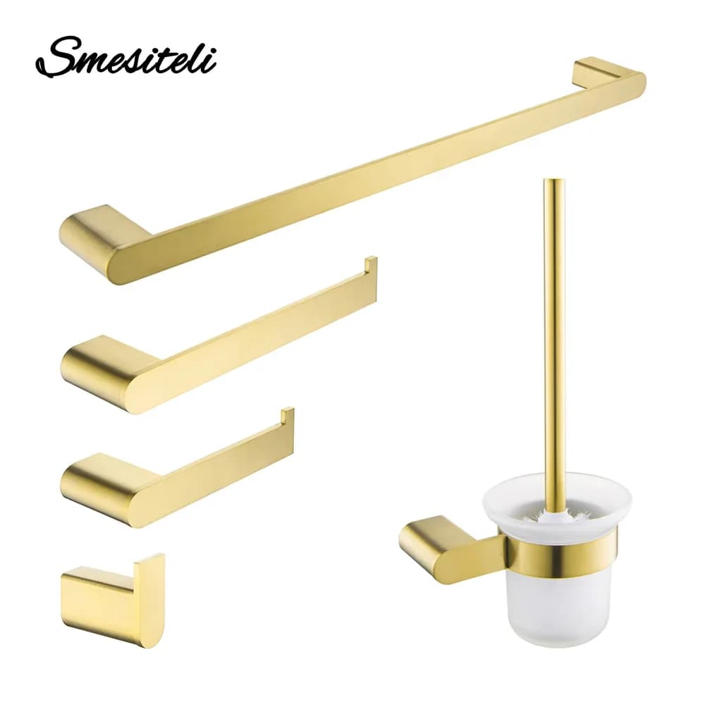 Smesiteli Set di accessori per il bagno dorato Sus304 Portasapone spazzolato in acciaio inossidabile Gancio per accappatoio Portasciugamani Accessori per il bagno