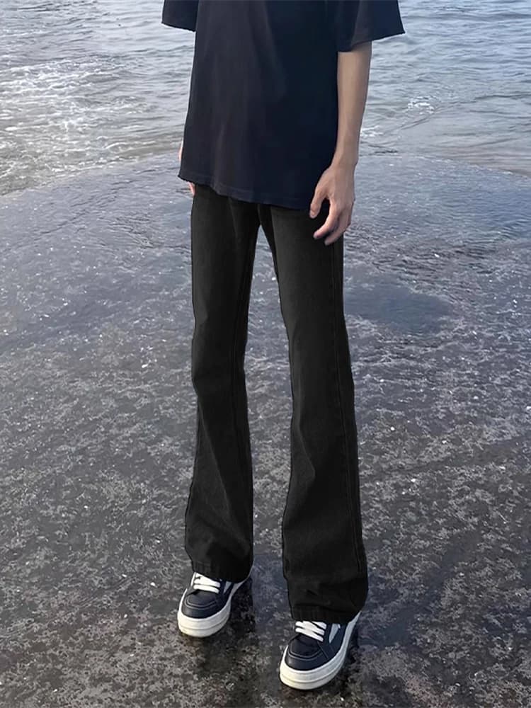 Black Cleanfit Flared Jeans Men's Style American High Street Skinny Wide Leg Straight Cut Trousers Autumn Season Fashion
