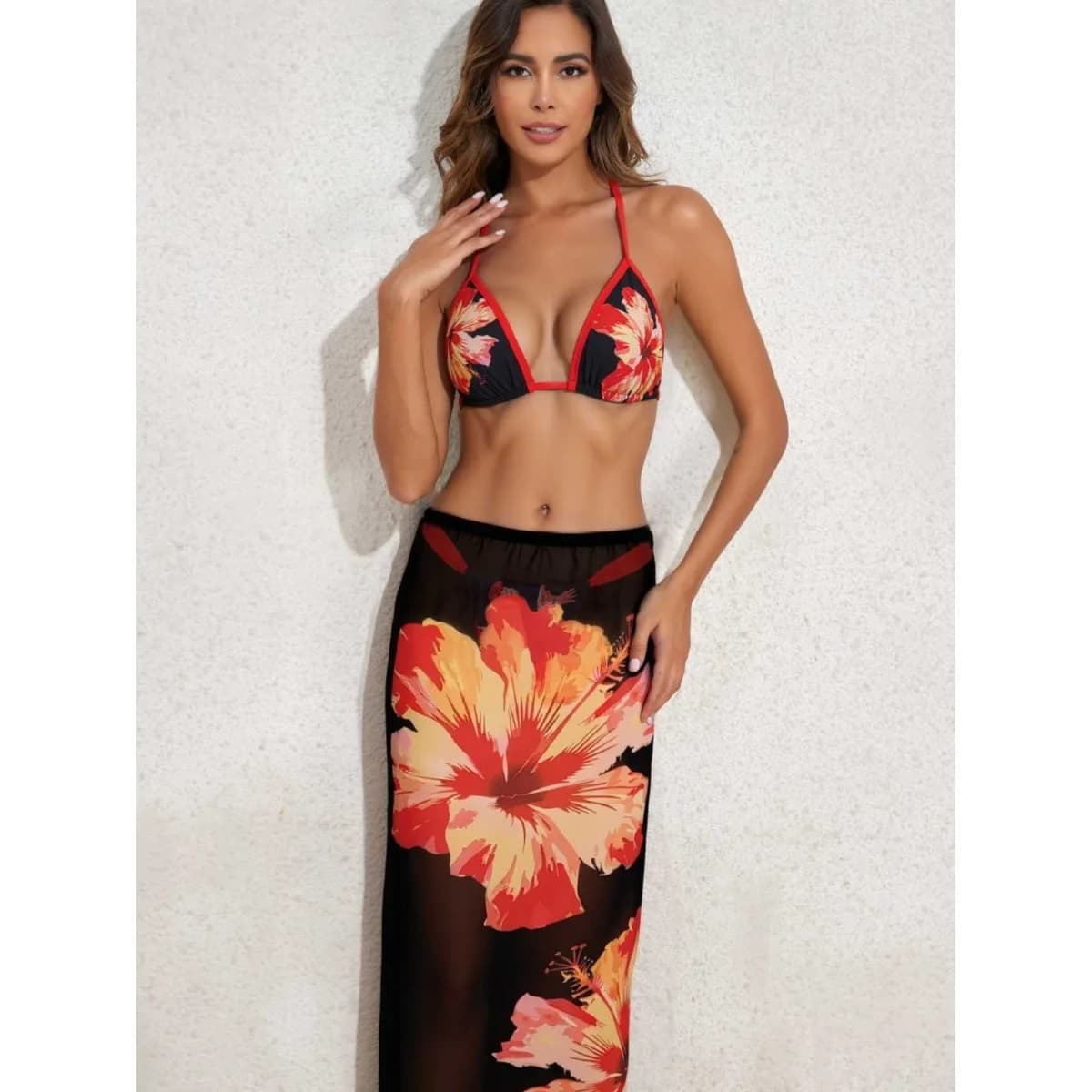 Set Bikini Stile Vacanza per Ragazze Alla Moda, Stampa Floreale, Bikini con Lacci, Gonna in Rete Trasparente, Set Tre Pezzi, Costume da Bagno Sexy e Trendy