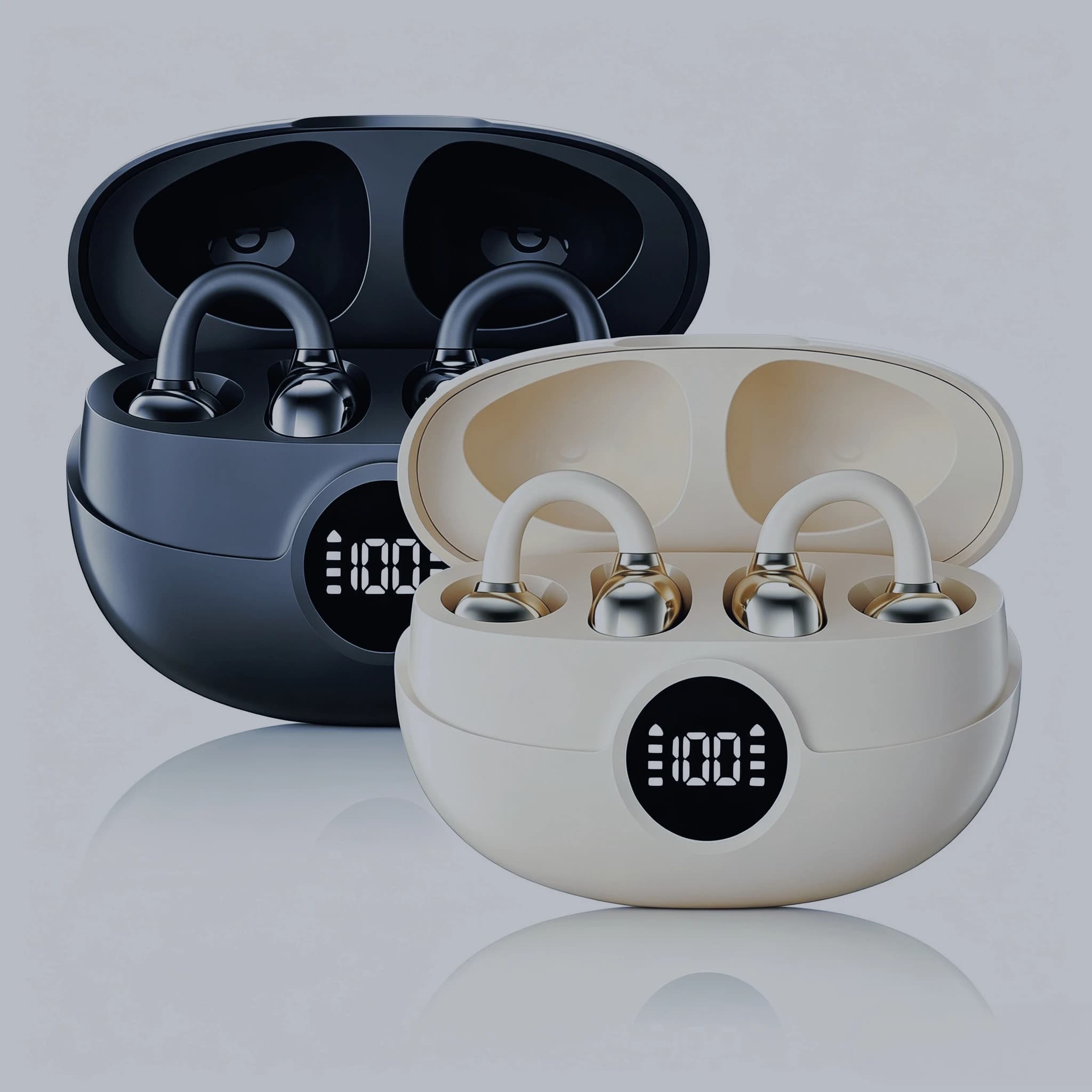Wireless Clip‑On Earphones, Digital Battery Indicator Hi‑Fi Audio, Noise Reduction Long Playtime Open‑Ear Headsets with Mic