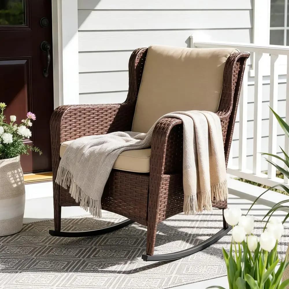 Synthetic wicker rocking chair with cushions, garden rocking chair for patio, brown wicker with beige cushions