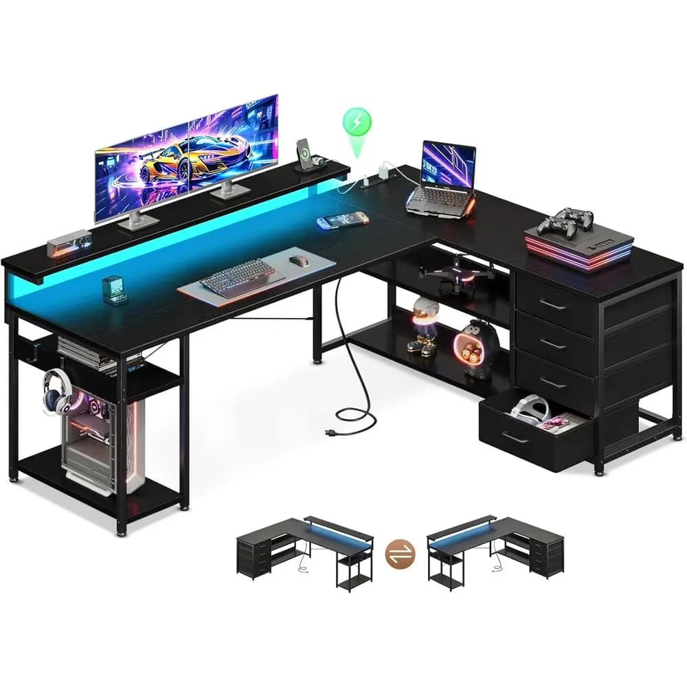 61 L-Shaped Desk with Cable Management, LED Lights, and Monitor Shelf - Black Gaming/Home Office Workstation