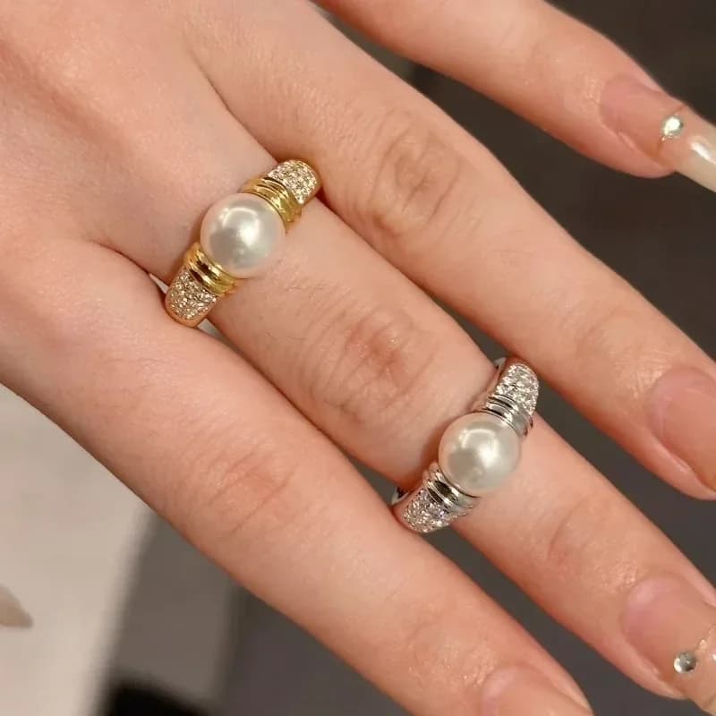 anelli di perle eleganti di fascia alta tempestati di diamanti vintage in argento 925 per le donne Squisiti gioielli con fedi nuziali con perline rotonde scintillanti