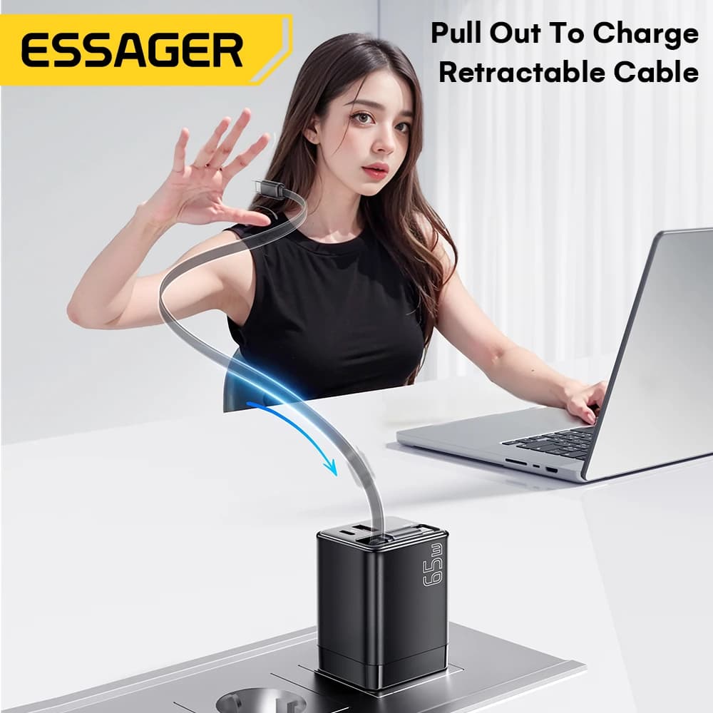 Essager 65W USB Charger Fast Charging with Built-in Retractable Type-C Cable for Laptops iPhone 16 15 14 Type-C Travel Charger