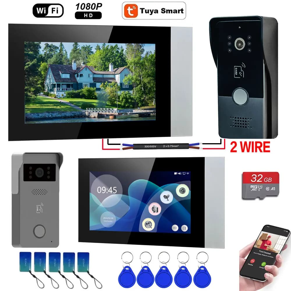 2 Wire Video Intercom Video Door Phone Smart Home Tuya Wifi 1080P 7'' Color Touch Screen Camera Doorbell Door Security System