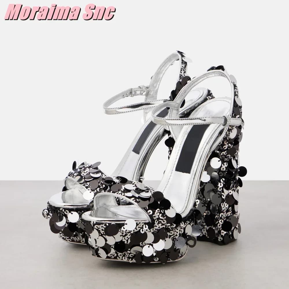 Sequined Bling Platform Sandals Block High Heel Ankle Buckle Strap Sexy Fashion Women's Dress Shoes Summer Banquet Party 2025