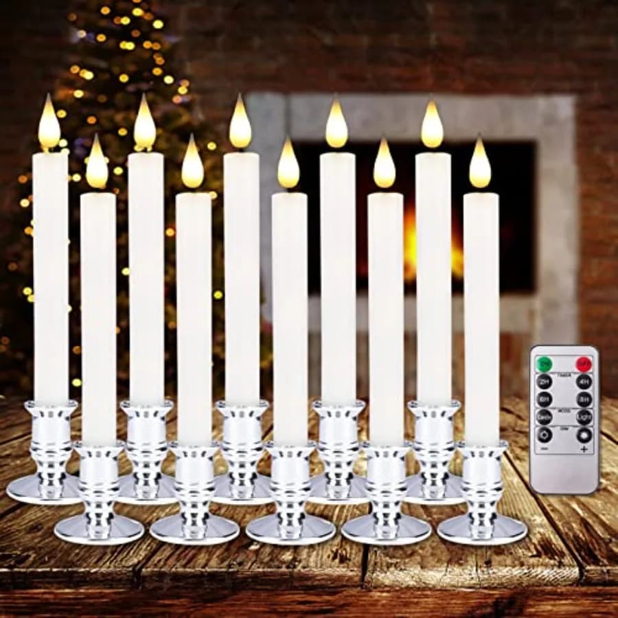 Candele LED Senza Fiamma per Finestre con Telecomando e Timer, 10 Pezzi, a Batteria, con Effetto Tremolante e Contenitore Argentato Rimovibile