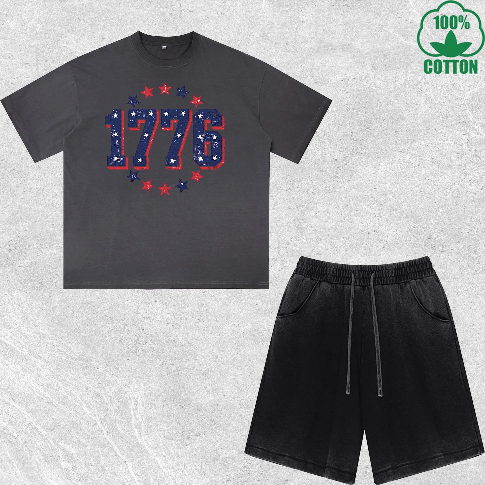 Set T-Shirt e Pantaloncini Stampati 1776 Effetto Lavaggio Sporco Multicolore Trendy 100% Cotone