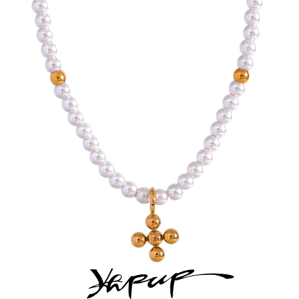 Yhpup Elegant Imitation Pearl Bead Handmade Chain Stainless Steel Chic Golden Pendant Fashion Necklace Collar Jewelry Women Gift