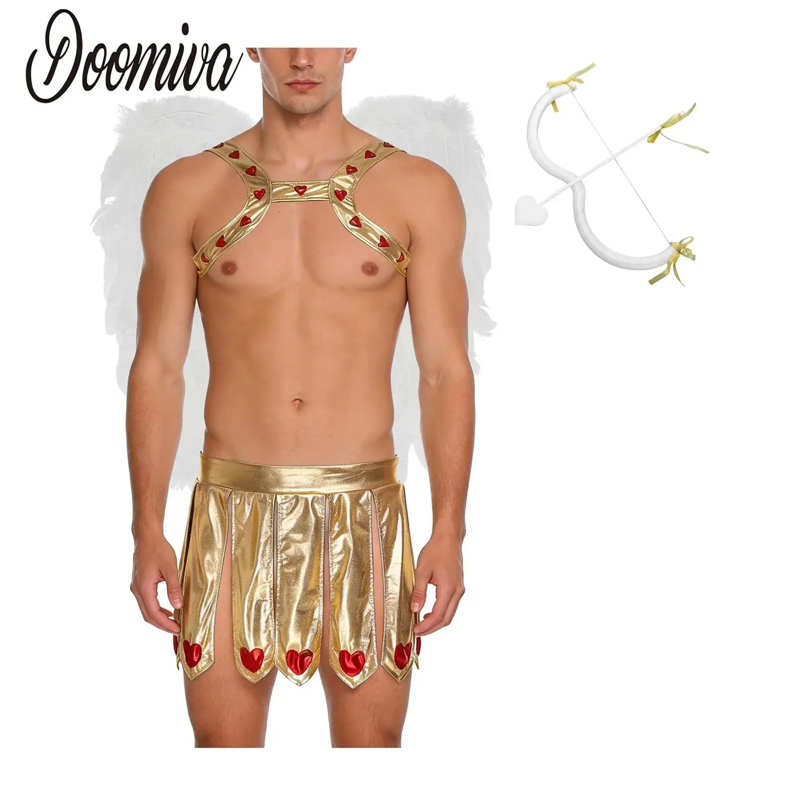 Costume da Cupido Effetto Bagnato per Uomo, Set con Imbracatura, Minigonna e Ali con Piume a Forma di Cuore e Freccia per Feste in Maschera di Halloween