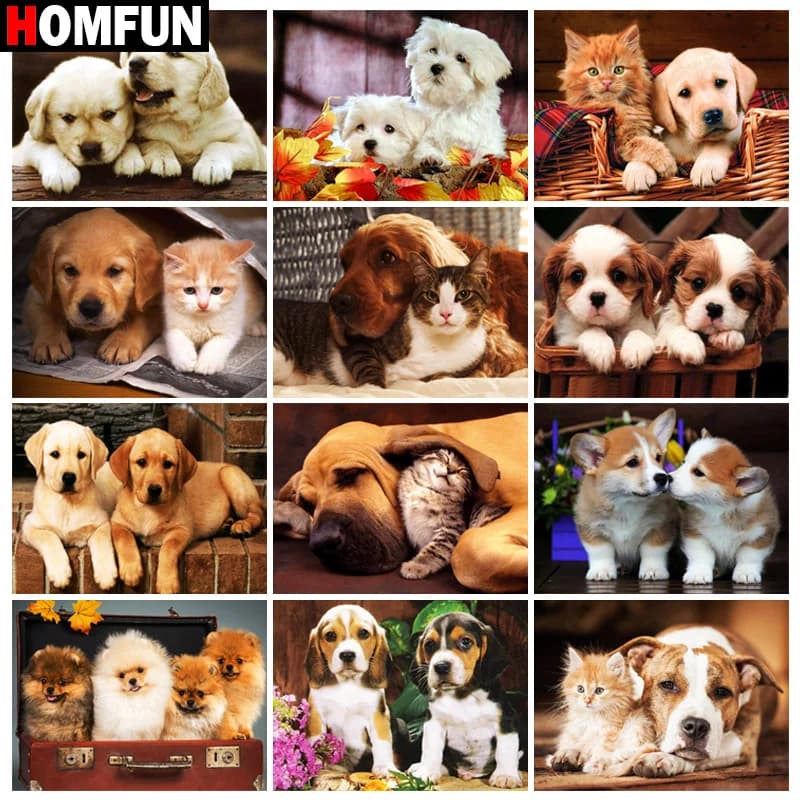 HOMFUN Diamond painting "Animal Dog Cat" Full Square/Round Drill Wall Decor Inlaid Resin Embroidery Craft Cross stitch