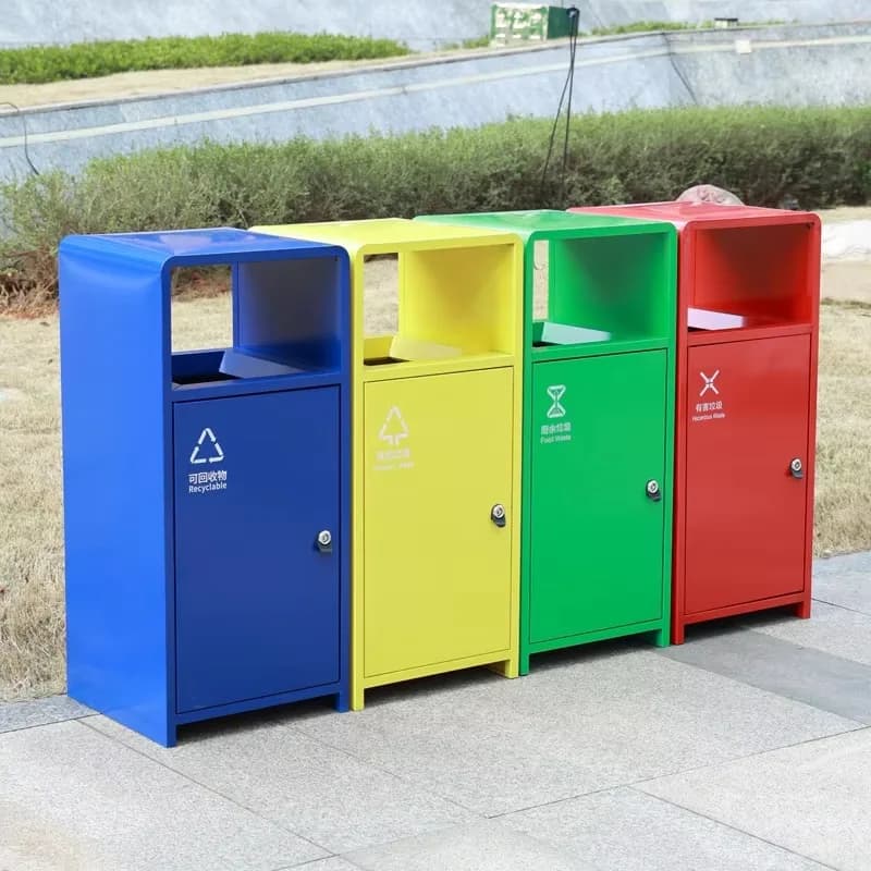Pattumiera pubblica in metallo in acciaio inossidabile con coperchio Riciclare bidone della spazzatura zincato Bidone della spazzatura stradale all'aperto