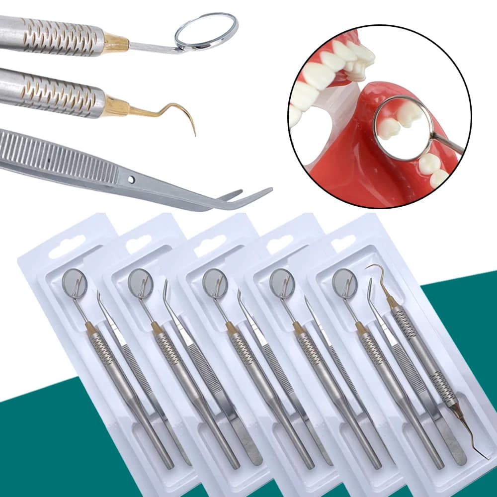 Dentali Tools Kit: Mirror, Tweezers, Curved Probe, Cleaning Tools and Whitening Tooths, Practical Dentist