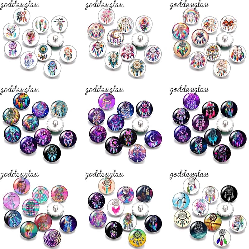 Modelli di Dream Catcher di bellezza Decorazioni di piume Foto 10 pezzi Bottoni automatici da 12 mm/18 mm per braccialetti a scatto da 12 mm/18 mm Gioielli fai da te