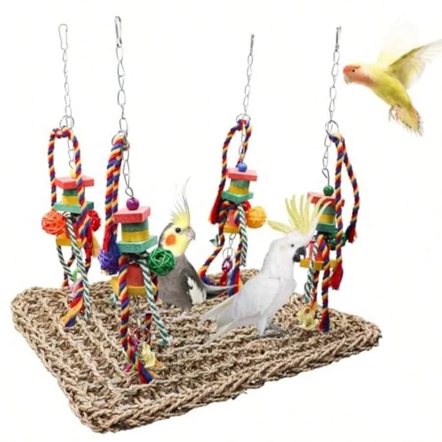 【Nuovo Stile】Grande Altalena per Uccelli, Giocattolo Colorato per Pappagalli, Tappetino in Erba Marina, Amaca con Blocchi, Giocattolo per la Cercatura di Alimenti, Accessori per Gabbie per Uccelli