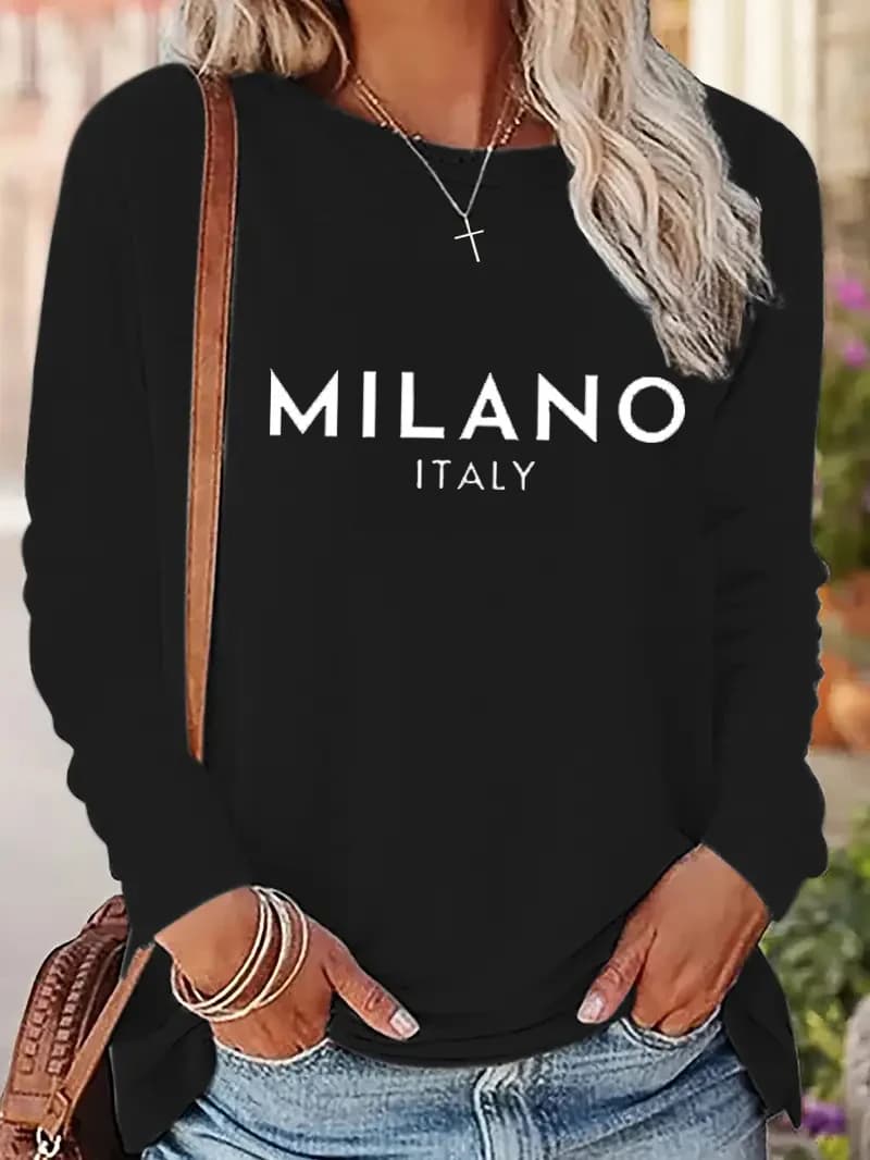 Fashion Milano Italy Printed Long Sleeve Shirt Funny Gothic T Shirt Women's Print T-Shirt Crew Neck Top Tee Tshirt Casual