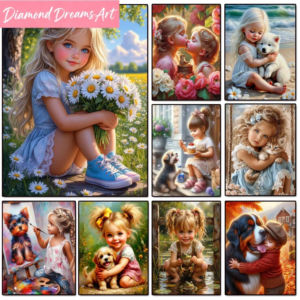 Kit per Pittura Diamante 5D Fai-da-Te Senza Cornice, Nuova Collezione Ragazza Carina con Gatto e Cane, Mosaico Diamante con Fiori di Margherita, Kit Punto Croce 2026 per Casa