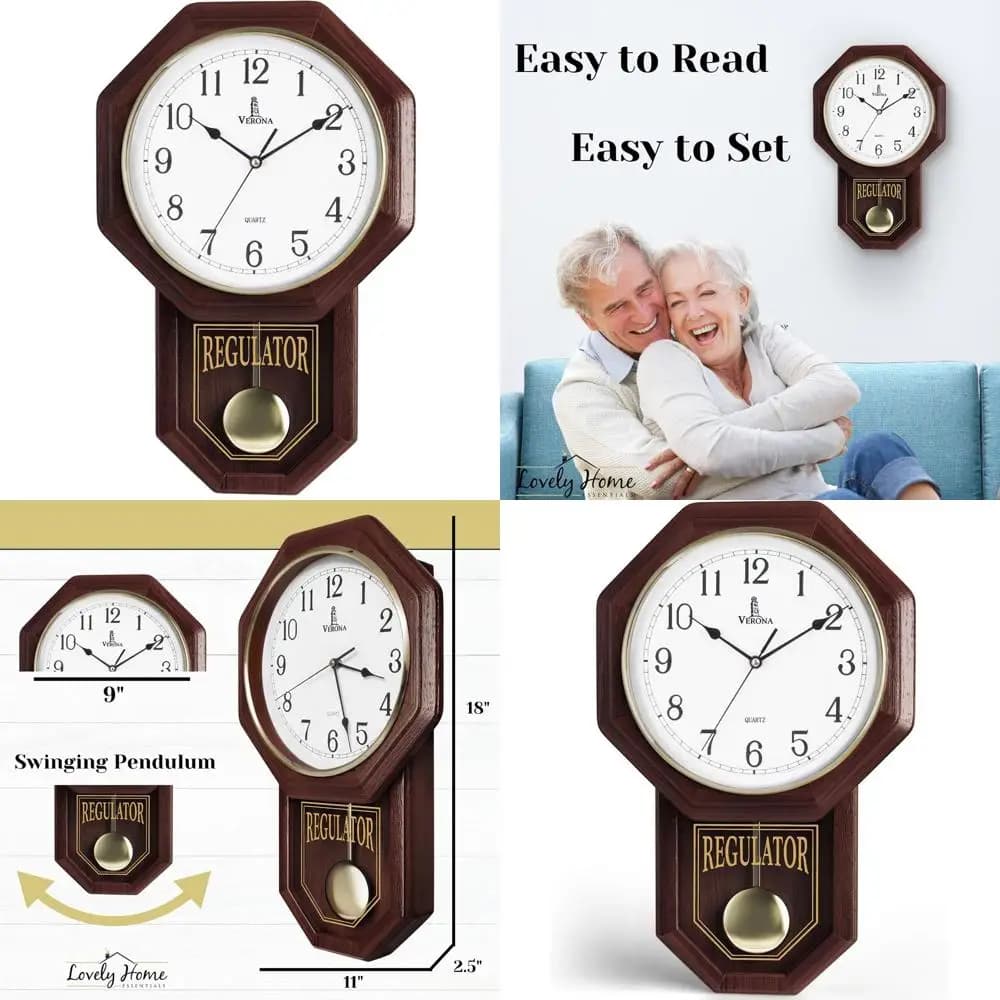 Orologio a Pendolo da Parete - Orologio Regolatore in Vero Legno - Design Stile Scuola - Silenzioso, Senza Suono, in Legno e a Batteria - Decorativo
