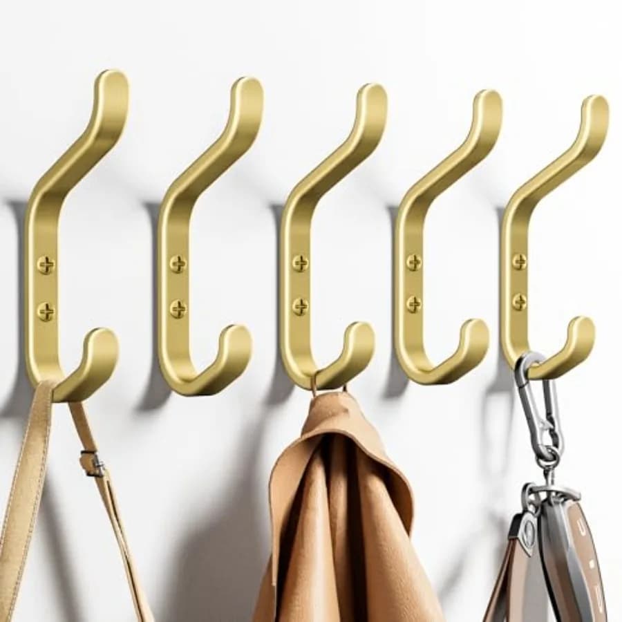 Gancio da Parete per Appendere Cappotti - Set di 5 Ganci in Acciaio Inox per Montaggio a Muro, per Zaini, Borse, Chiavi e Asciugamani, Doppio Gancio per Armadio, E