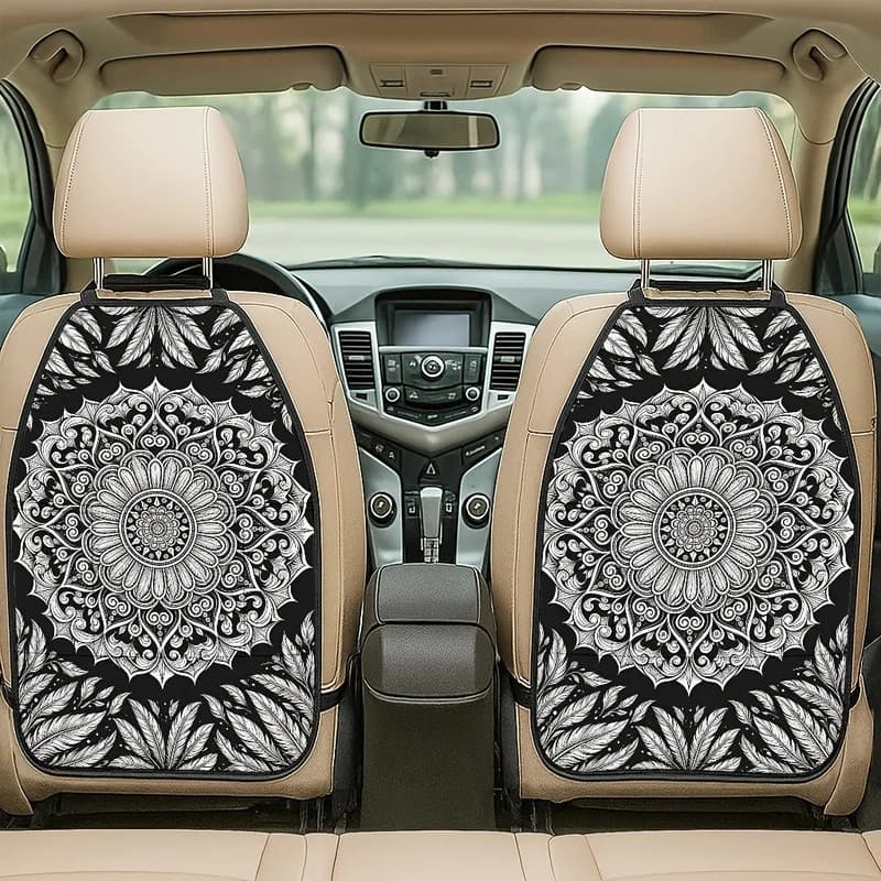 Car Seat Back Covers With Storage Pockets | Mandala Feather Print | Bohemian Style
