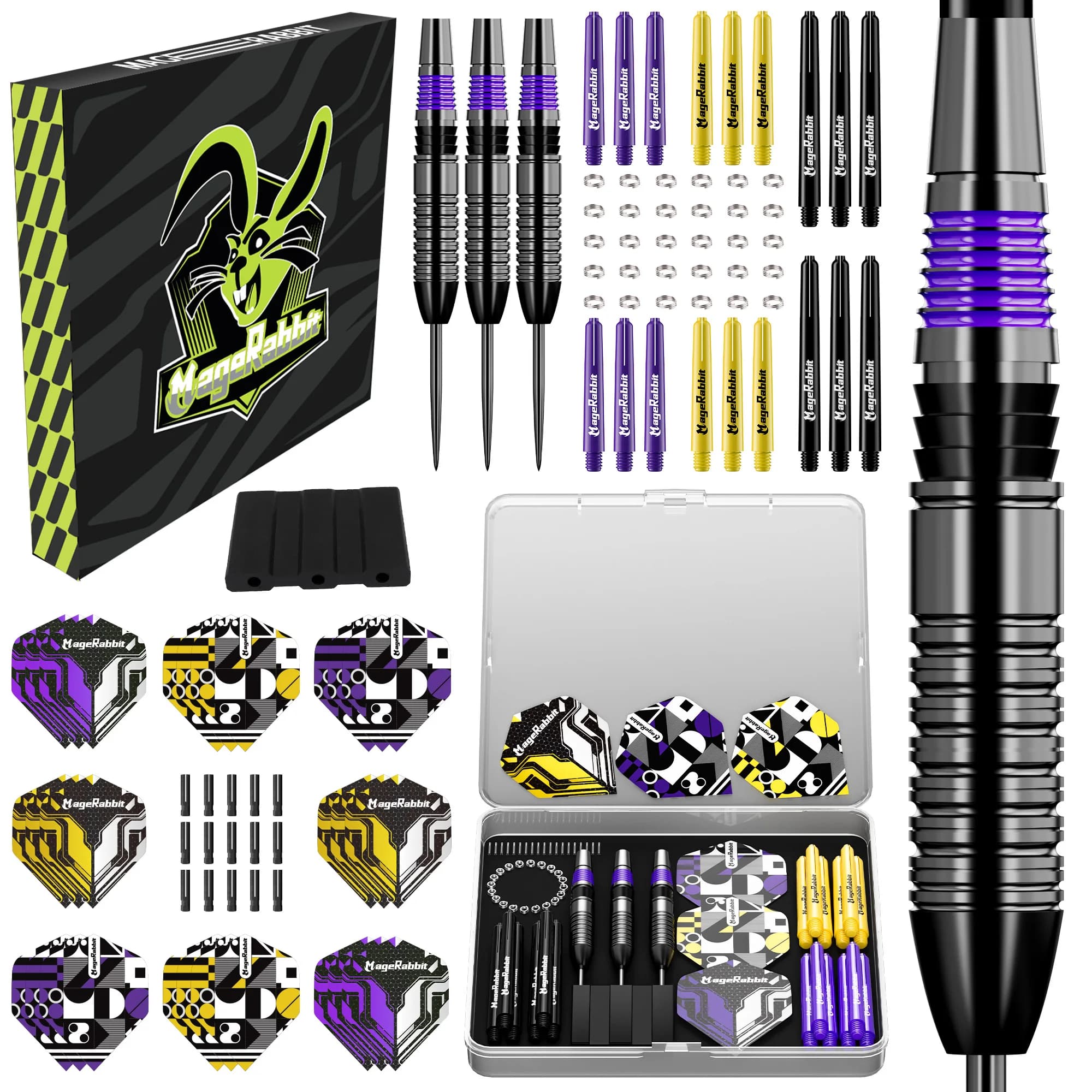 MageRabbit Brass Hard Tip Dart Kit: 3x21g Barrels, 6 Pro Shafts, 8 PE No.2 Flights, 15 Alum. Protectors, 20 O-Rings, All-in-One
