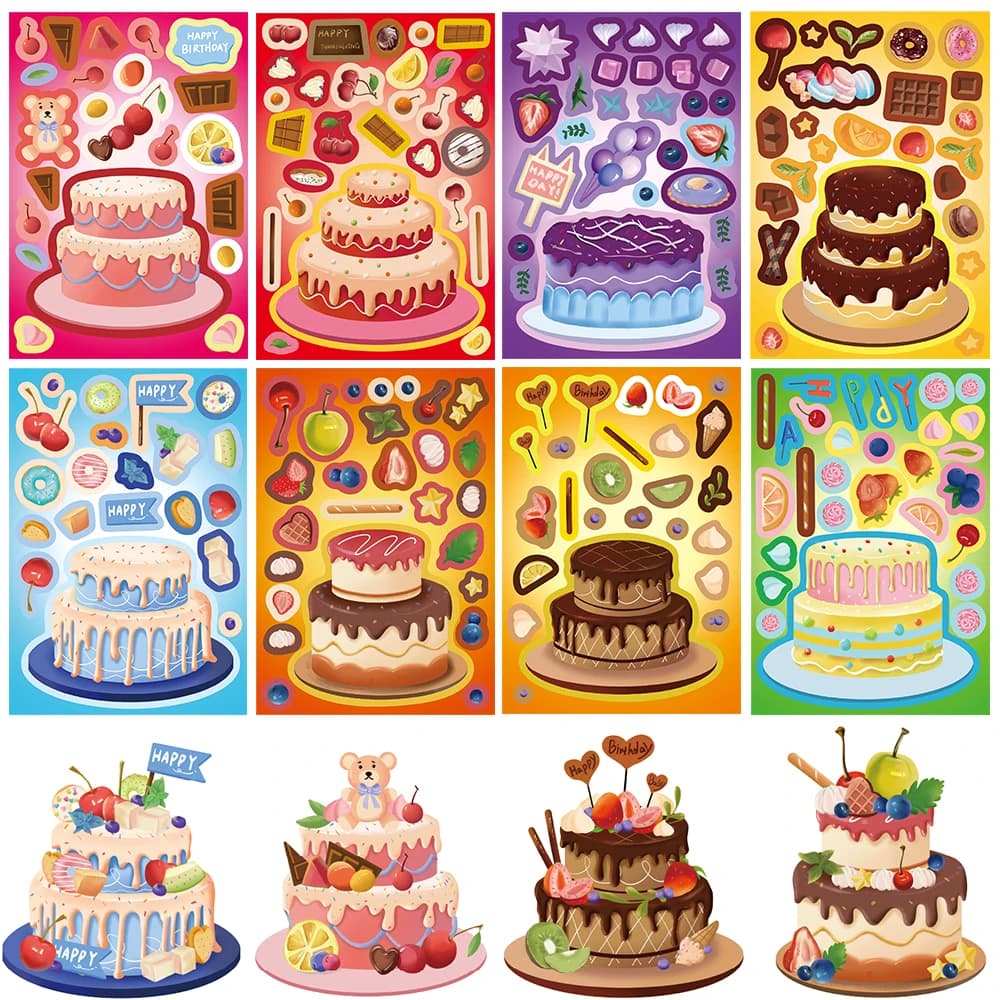 8 pezzi di adesivi per collage di torte carine, puzzle per assemblaggio di laptop retrò, cartoni animati fai da te, caffè, bagagli, cancelleria, adesivi puzzle Harajuku