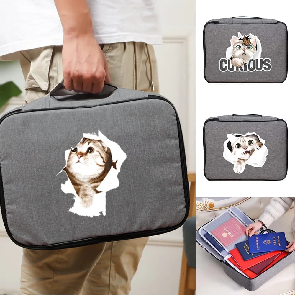 Handbag File Holder Men Women Outdoor Travel Credentials Passport Storage Bag Cat Print Waterproof Documents Bags Organizer Case