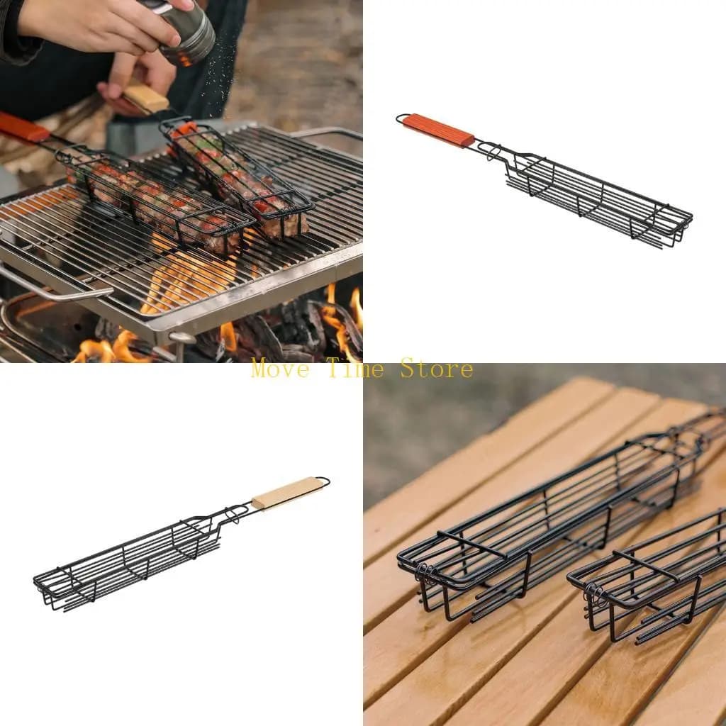 Griglia per griglie in rete ferro tipo pesante 92ME con manico lungo in legno per salsicce e kebab