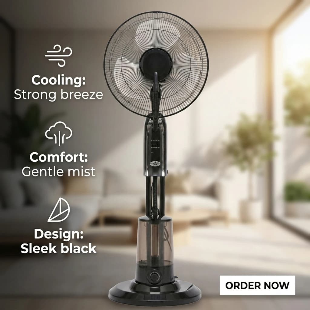 Black Misting Standing Fan With Water Tank Humidifying Cooling Mist Fan for Outdoor Patio