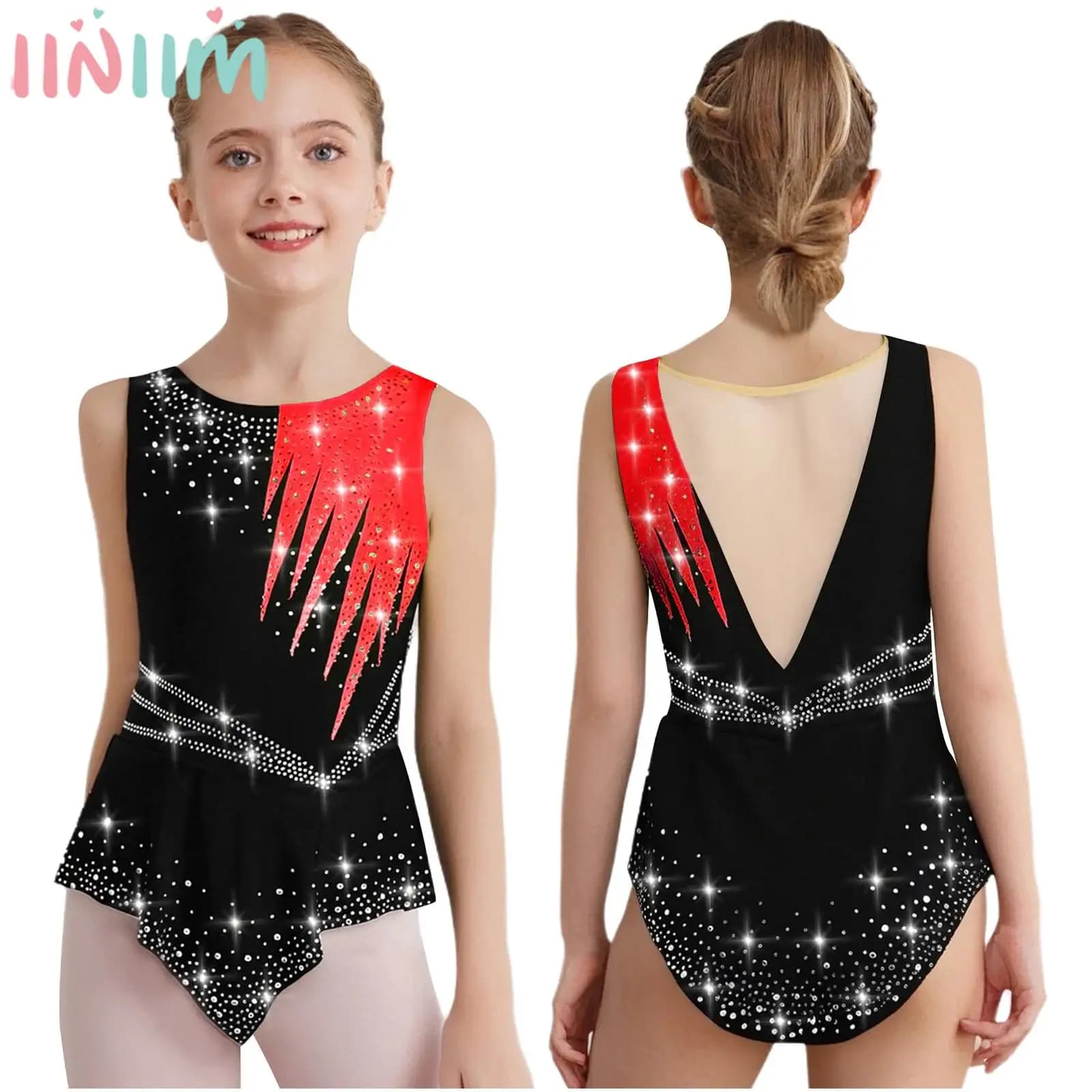 Costume da ginnastica ritmica per ragazze con strass a contrasto di colore, body da ginnastica, pattinaggio di figura, danza classica, acrobazie