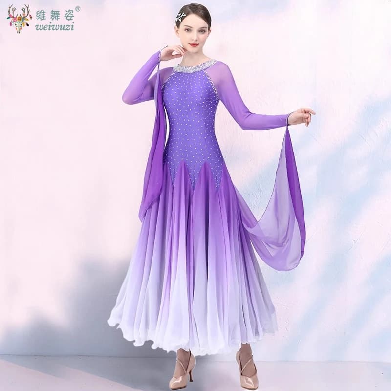 Costume da spettacolo di danza moderna Abito di fascia alta elastico con cambiamento graduale di colore Abbigliamento da competizione di ballo per valzer per adulti