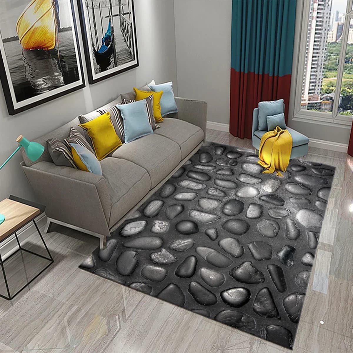 3D black stone mat Carpet with pebble pattern Texture Rectangular carpet Living room Bedroom furniture Polyester yoga mat