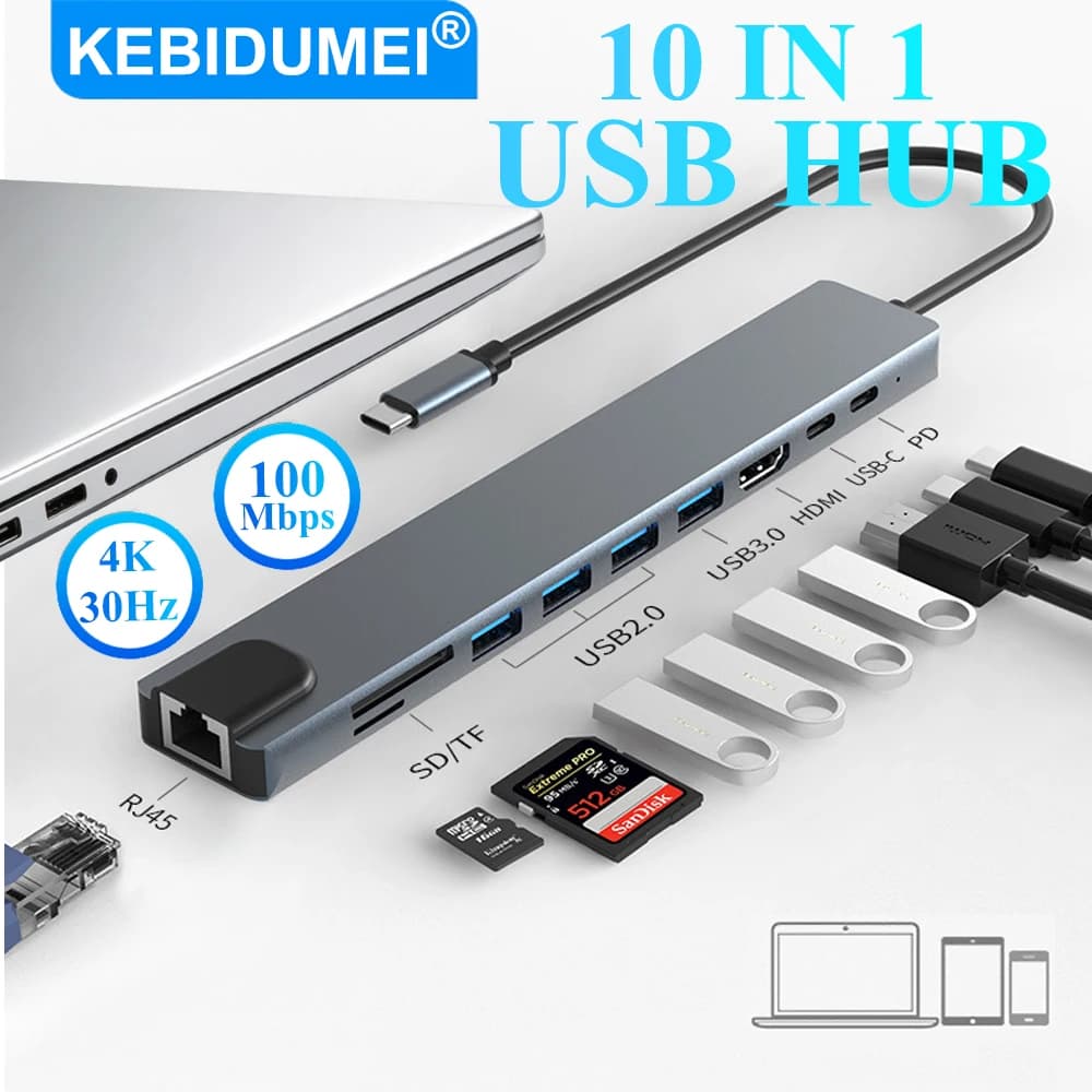 KEBIDUMEI USB C HUB 10 in 1 Docking Station USB 3.0 100Mbps Uscita 4K Splitter multiporta Adattatore da RJ45 a USB C per Macbook Pro