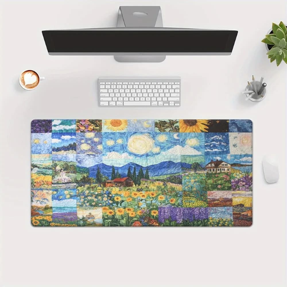 Tappetino da Scrivania Stile Van Gogh, Grande Tappetino per Mouse da Gaming con Paesaggio Notturno Stellato e Girasoli, Tappetino Esteso per Tastiera