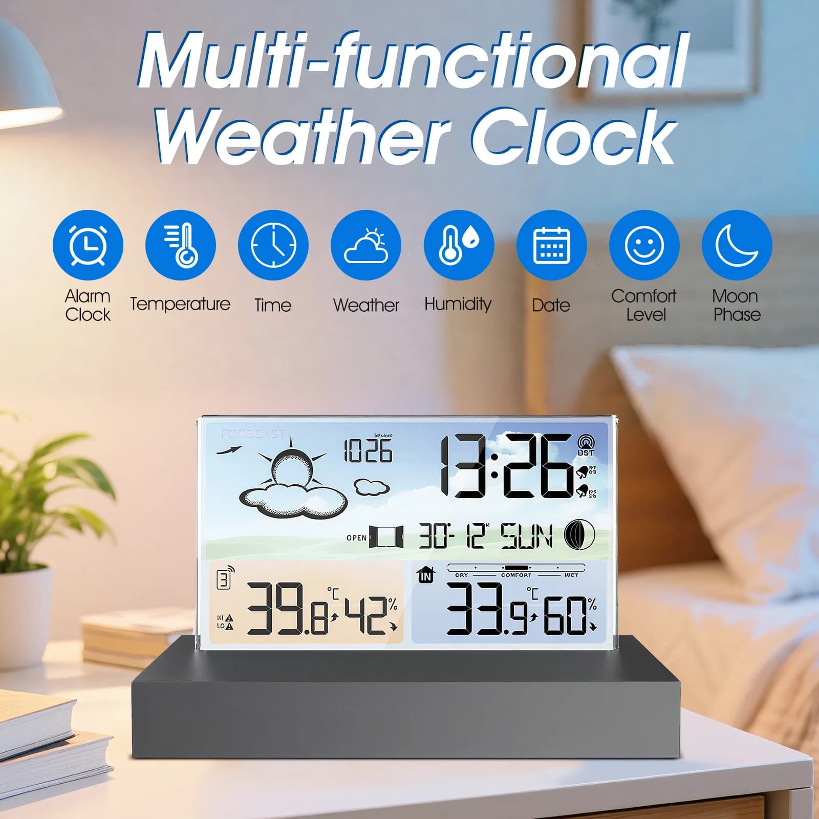Multifunction Digital Meteorological Station, Alarm Clock with Weather Forecast, Internal and External Temperature Sensor, Humidity Meter, Calendar