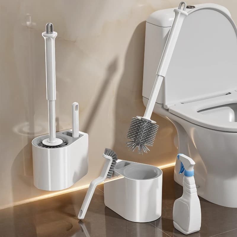 Set da 5 Pezzi: Spazzola per WC da Parete con Base, Spazzola per WC con Manico Lungo, Clip per Spazzatura, Setole Morbide, Set per Pulizia Bagno