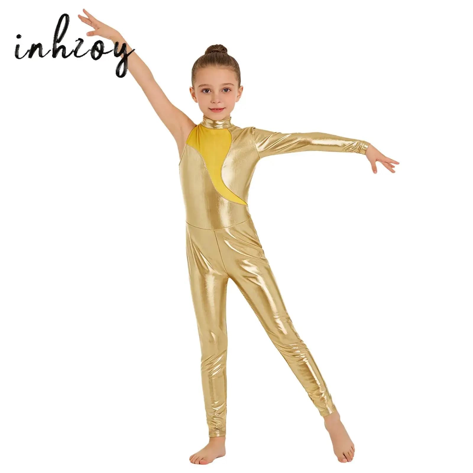 Body sportivo a maniche lunghe per bambina, ginnastica ritmica, balletto, danza, costume da pattinaggio di figura, body sportivo a maniche lunghe in rete metallizzata lucida