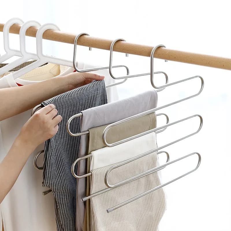 2 Pezzi Appendiabiti a S per Pantaloni, Appendiabiti Multistrato in Acciaio Inossidabile, Organizzatore Antiscivolo Salvaspazio per Jeans e Vestiti