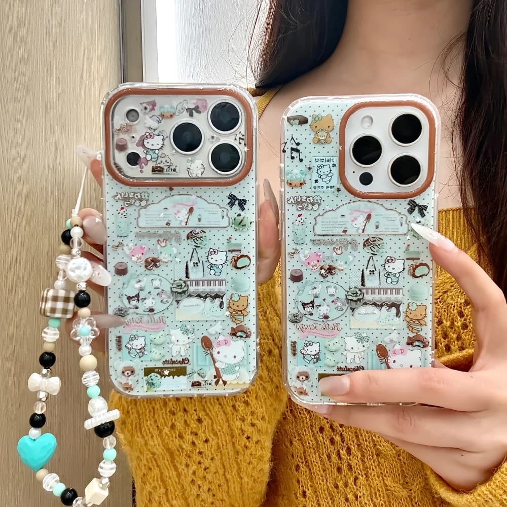 KT full-screen shiny green pink full-screen phone case with stars for iPhone 17 14 15 16 Pro Max with bracelet, adorable shockproof back cover