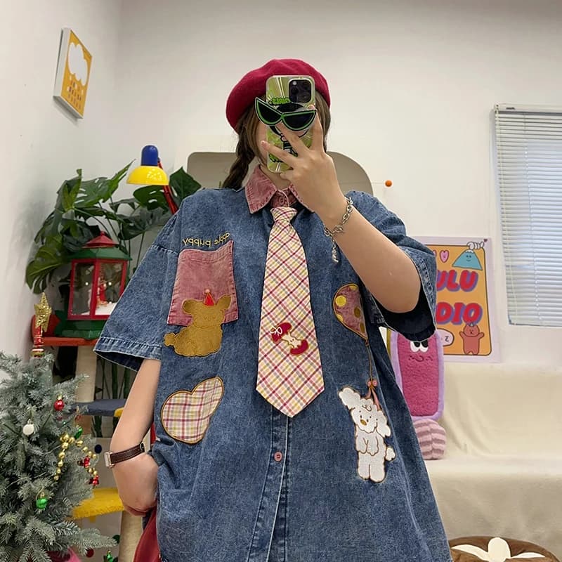 BIBULU Retro Washed Dog Collar Short Sleeve Shirt Contrast Color Plaid Half Sleeve Summer Loose Fit Street Style Shirt