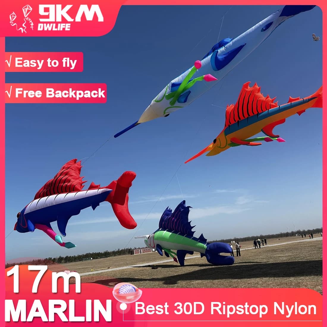 9KM 17m Marlin Fish Kite Line Plot Pendant Inflatable Soft Spectacle Kite for Aquiloni Festival Nylon Fabric Ripstop for Adults