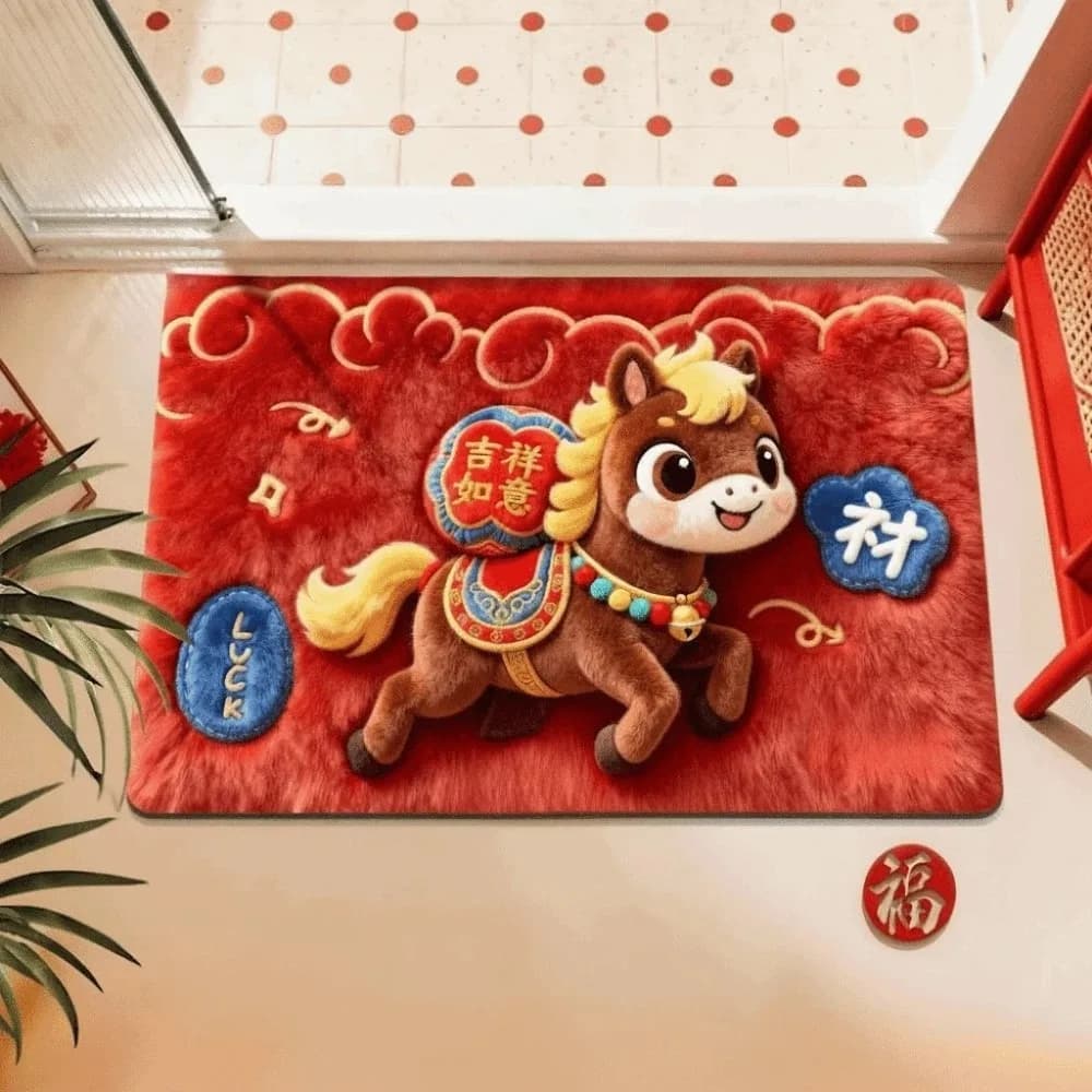 Tappetino per Porta con Motivo Cavallo Carino per Capodanno, Antiscivolo, Anno del Cavallo, Tappetino da Bagno Festivo Rosso Morbido, Decorazioni per la Casa