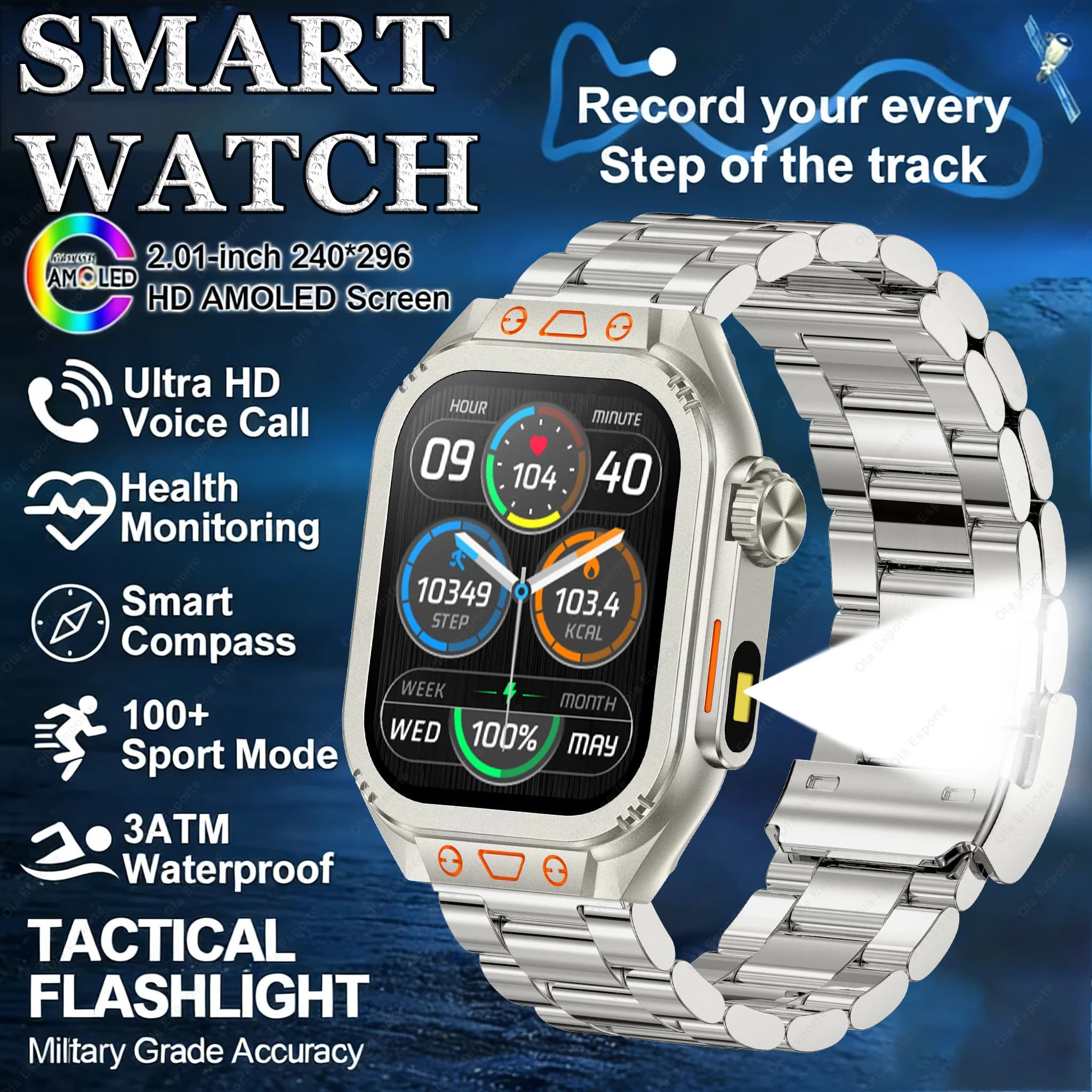 External Military Smartwatch with LED Flashlight, BT Call, Vocal Assistant, Waterproof, Fitness Monitoring and Health